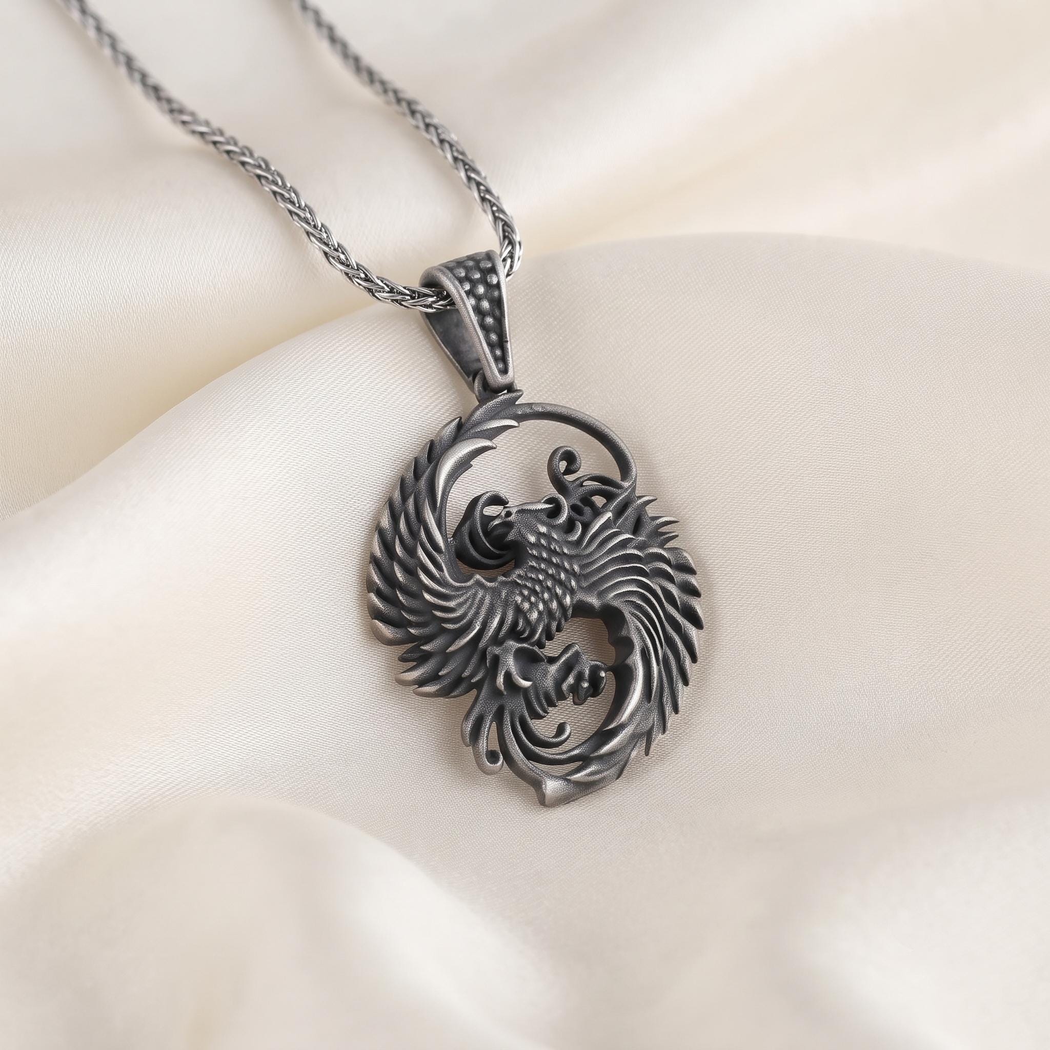 Handmade Sterling Silver Phoenix Pendant, Oxidized Gothic Firebird Necklace