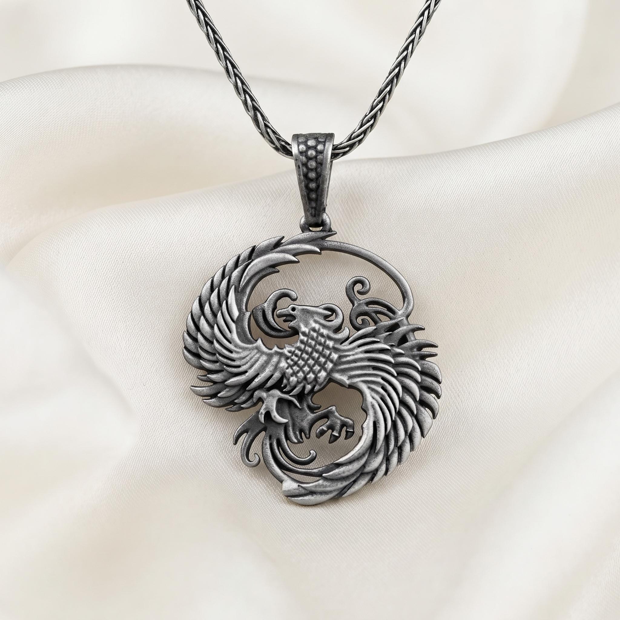 Handmade Sterling Silver Phoenix Pendant, Oxidized Gothic Firebird Necklace