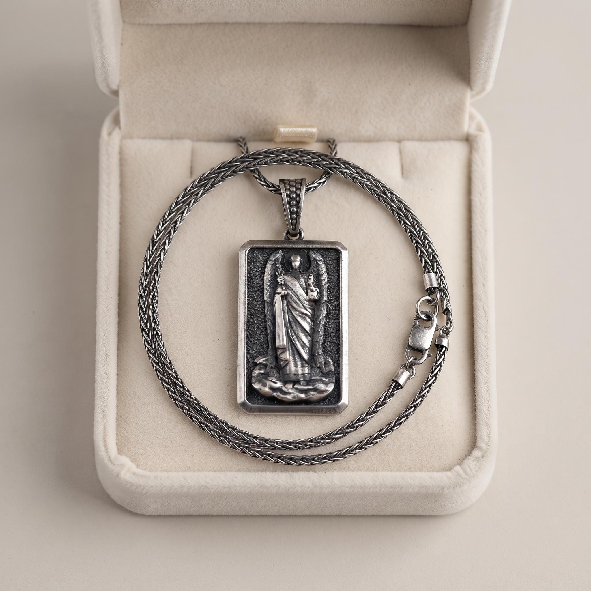 Handmade Sterling Silver Guardian Angel Pendant, Oxidized Religious Dog Tag Necklace