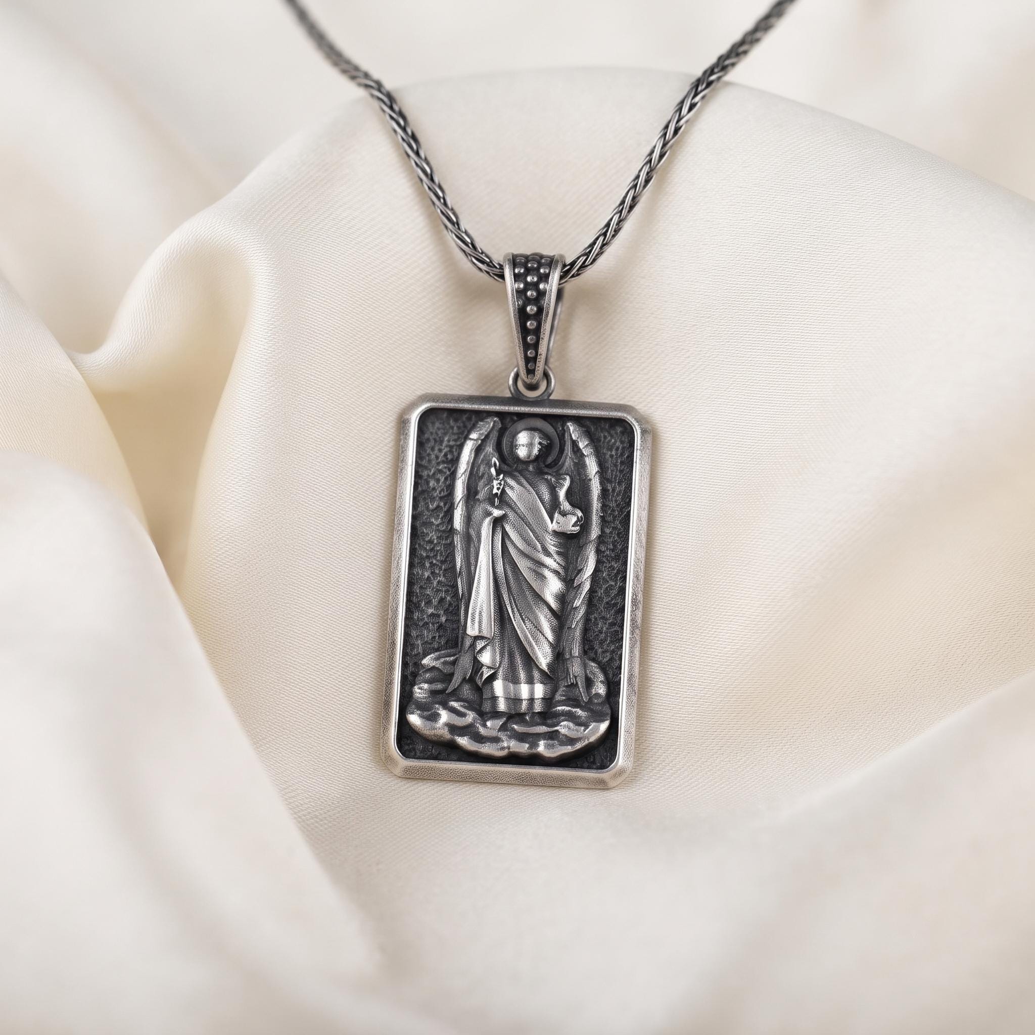 Handmade Sterling Silver Guardian Angel Pendant, Oxidized Religious Dog Tag Necklace