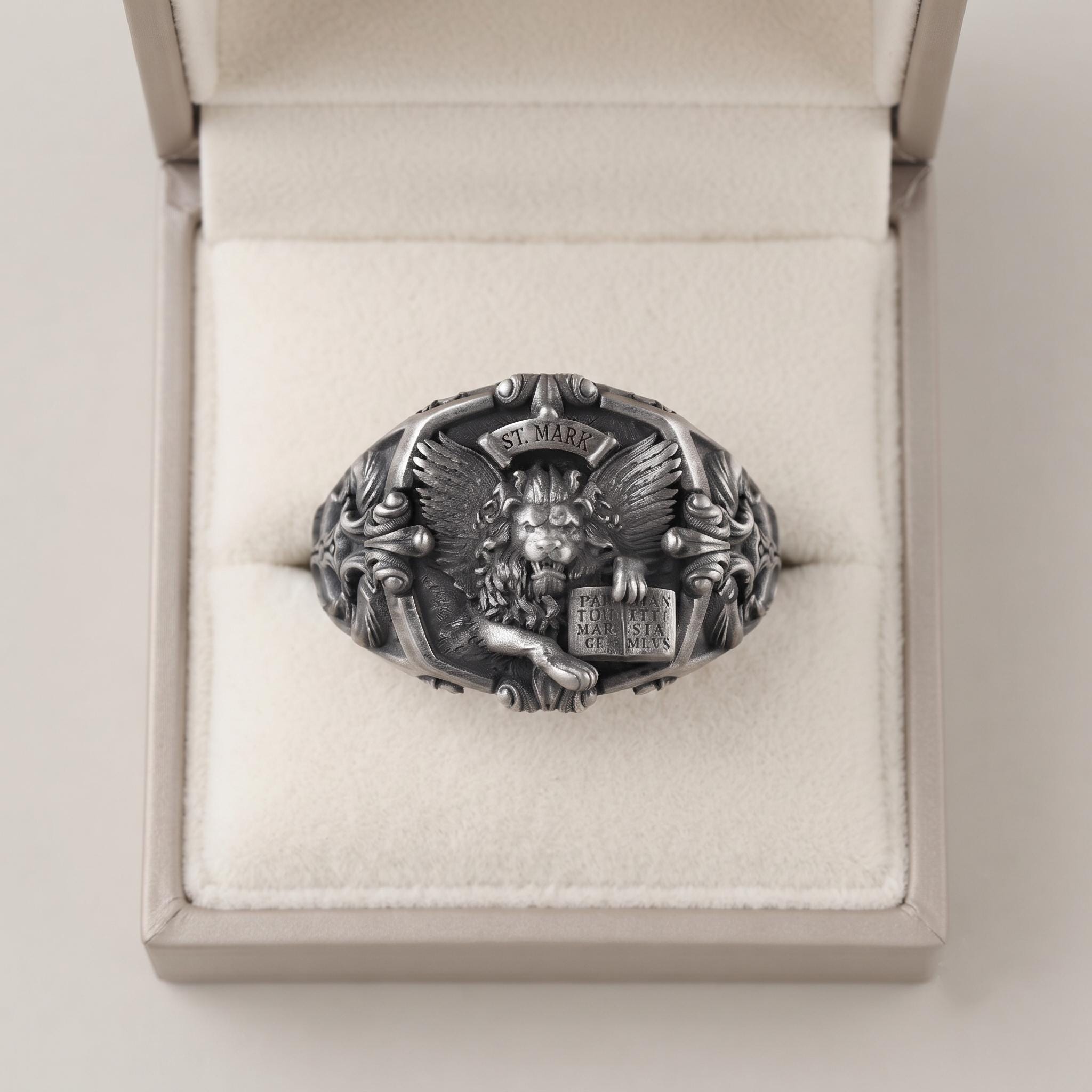 Sterling Silver Winged Lion Signet Ring, Gothic Medieval Heraldry Jewelry