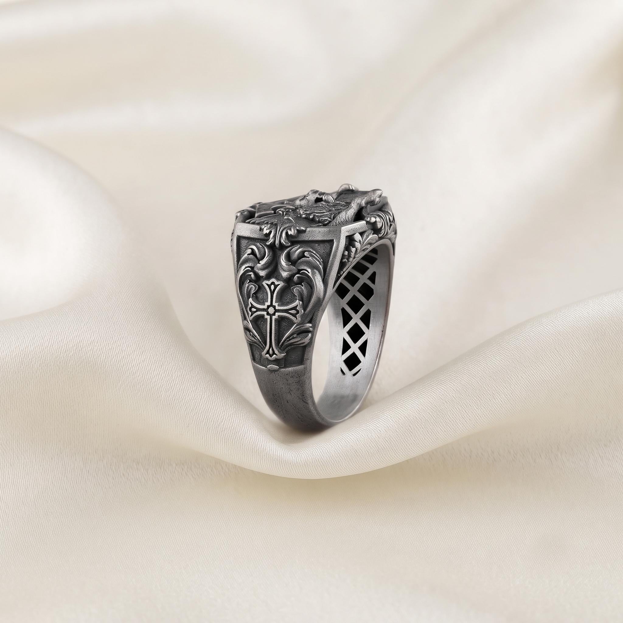 Sterling Silver Winged Lion Signet Ring, Gothic Medieval Heraldry Jewelry