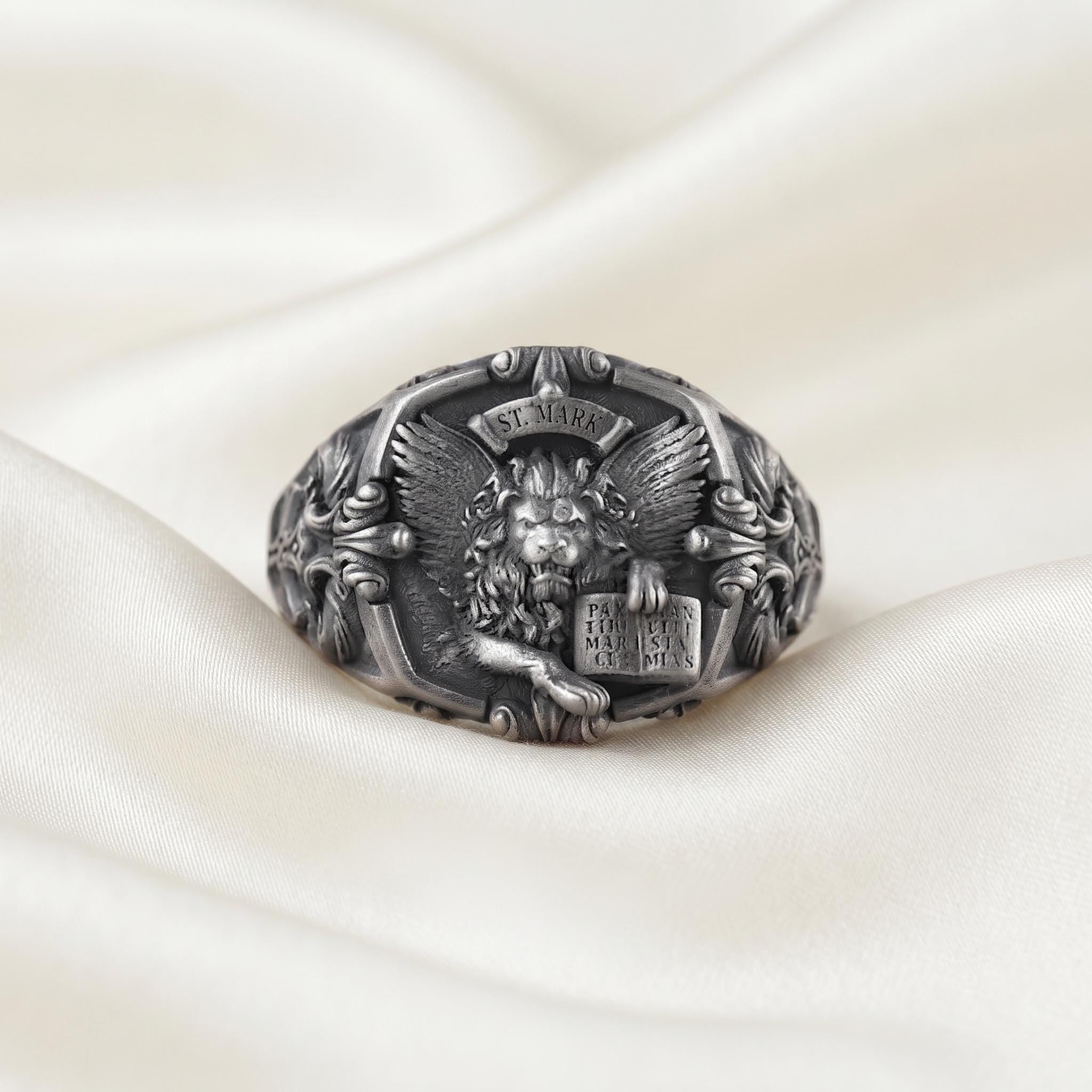 Sterling Silver Winged Lion Signet Ring, Gothic Medieval Heraldry Jewelry