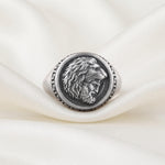 Solid Sterling Silver Heracles Lion Signet Ring, Greek Mythology Men's Band