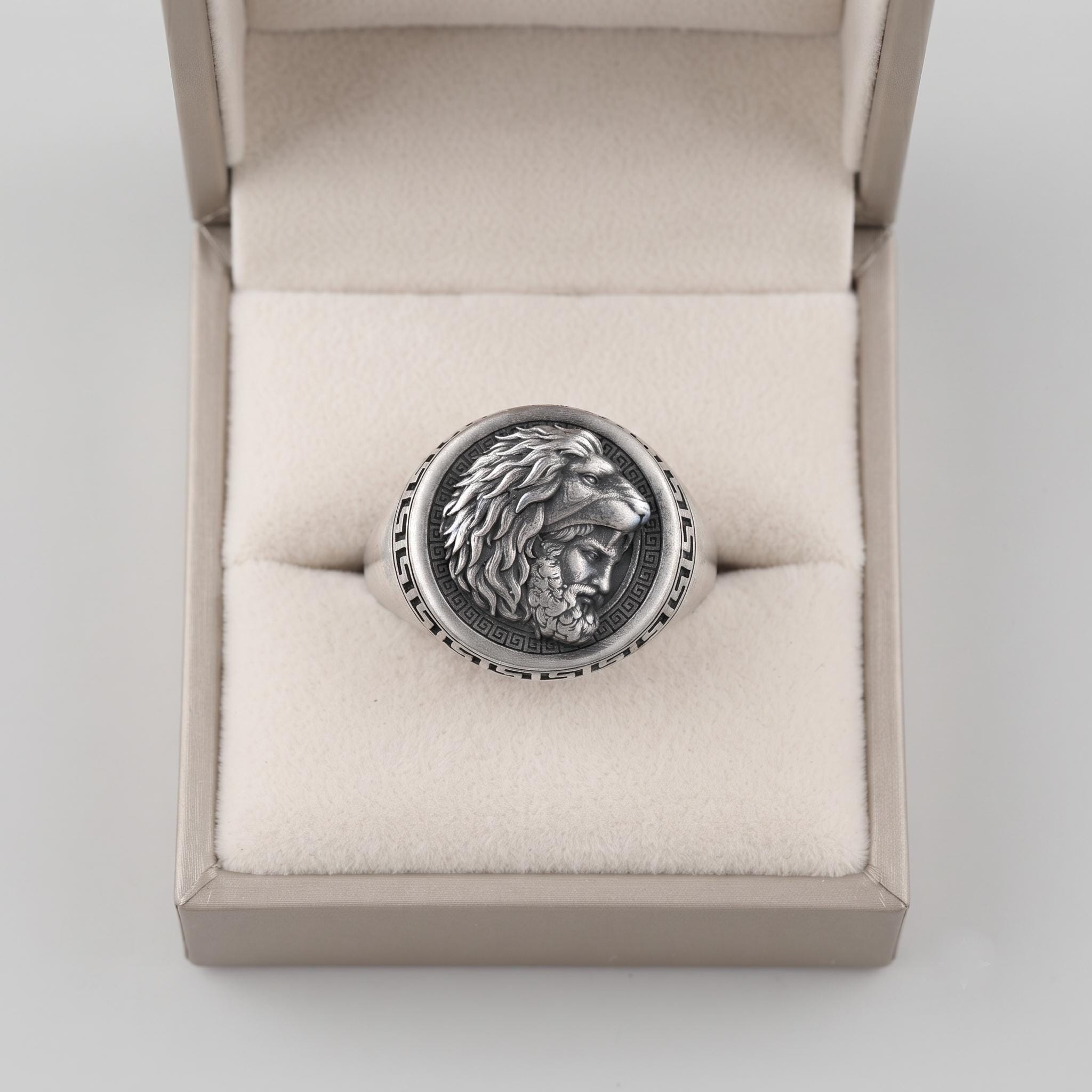 Solid Sterling Silver Heracles Lion Signet Ring, Greek Mythology Men's Band