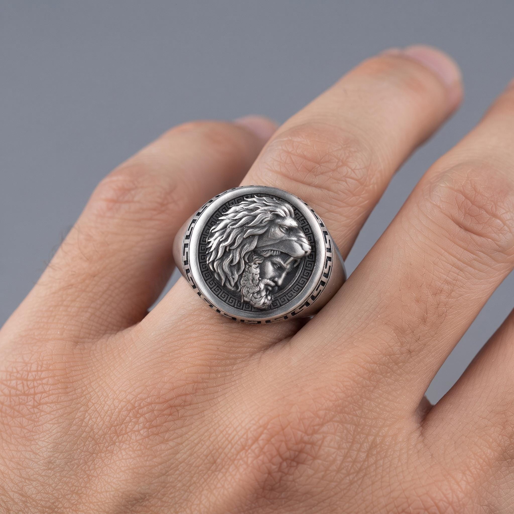 Solid Sterling Silver Heracles Lion Signet Ring, Greek Mythology Men's Band