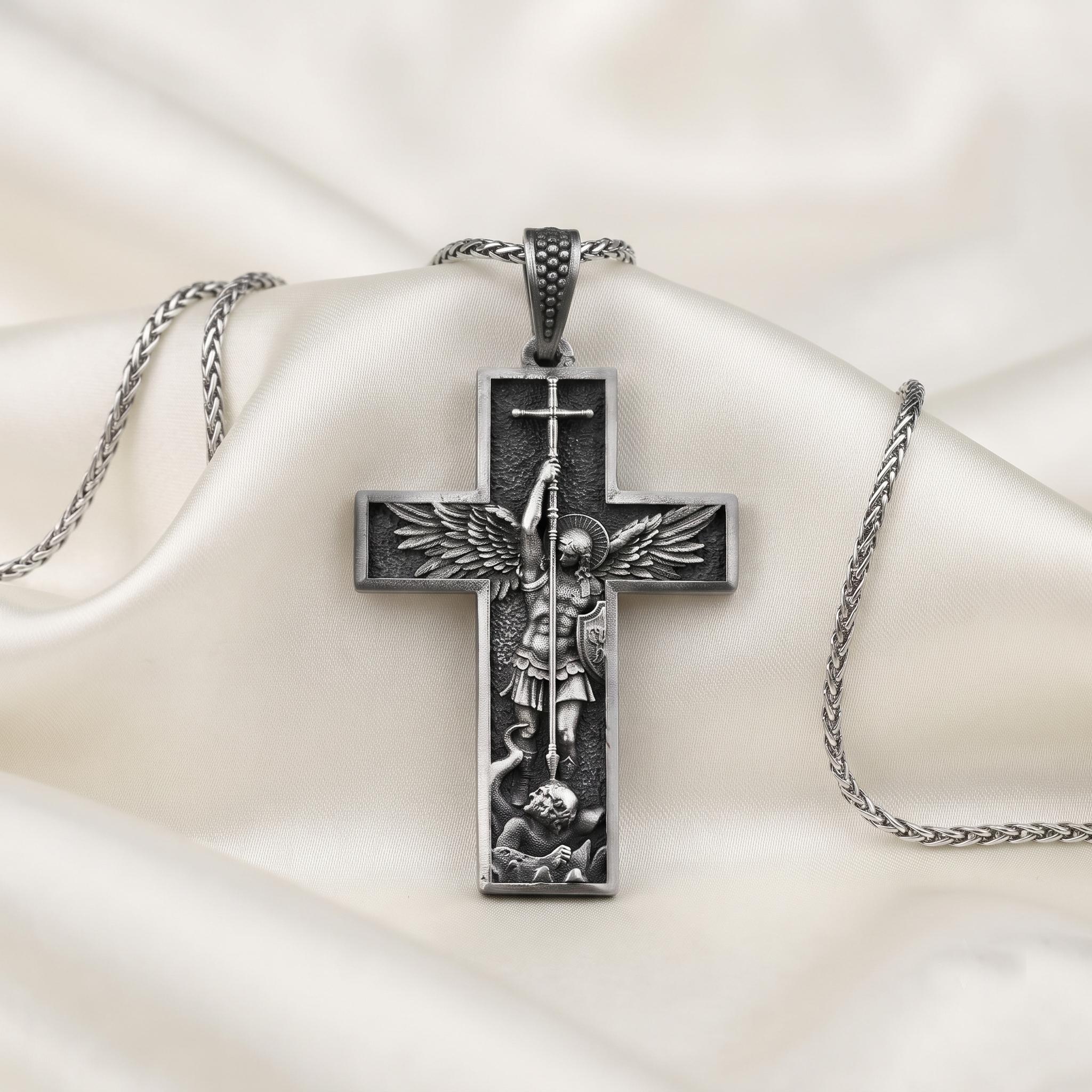 Sterling Silver Archangel Michael Cross Pendant, Oxidized Finish, Religious Protection Jewelry