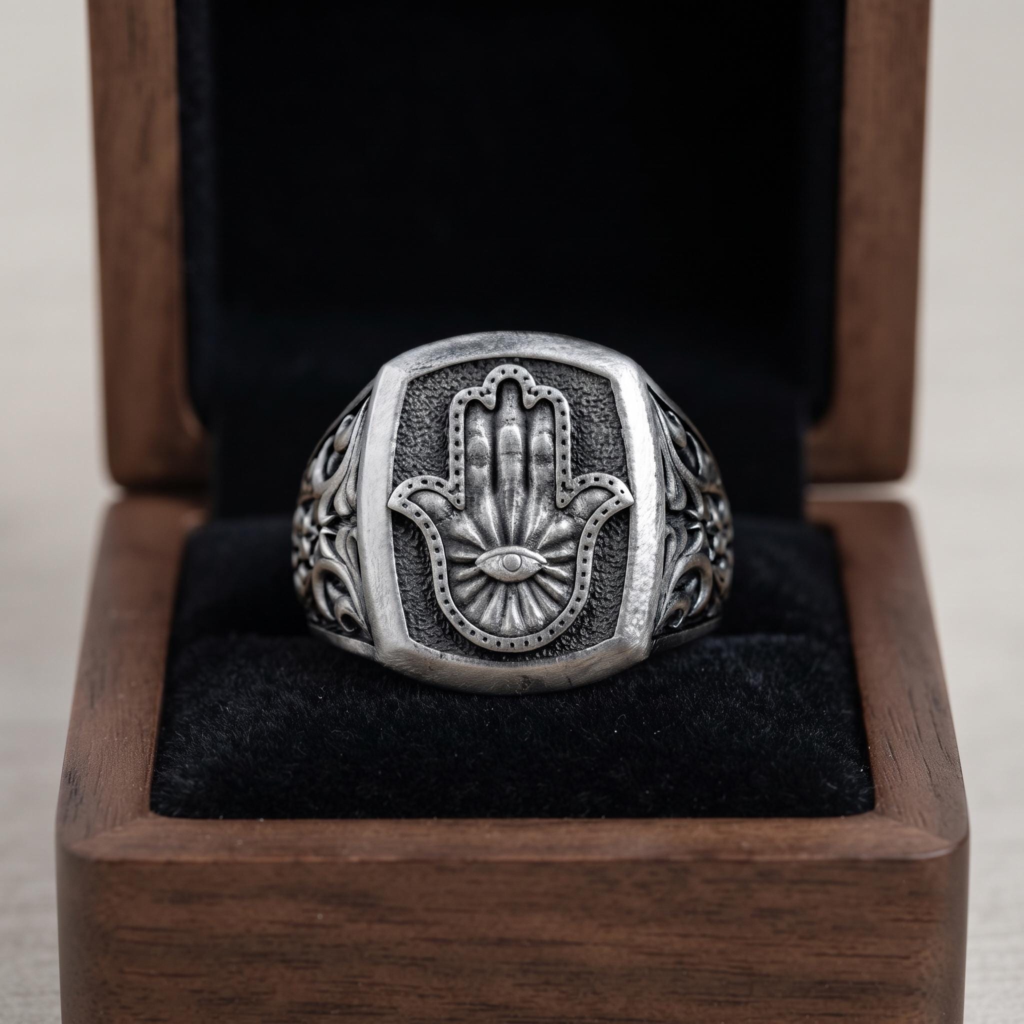 Sterling Silver Hamsa Hand Evil Eye Signet Ring, Oxidized Filigree Band