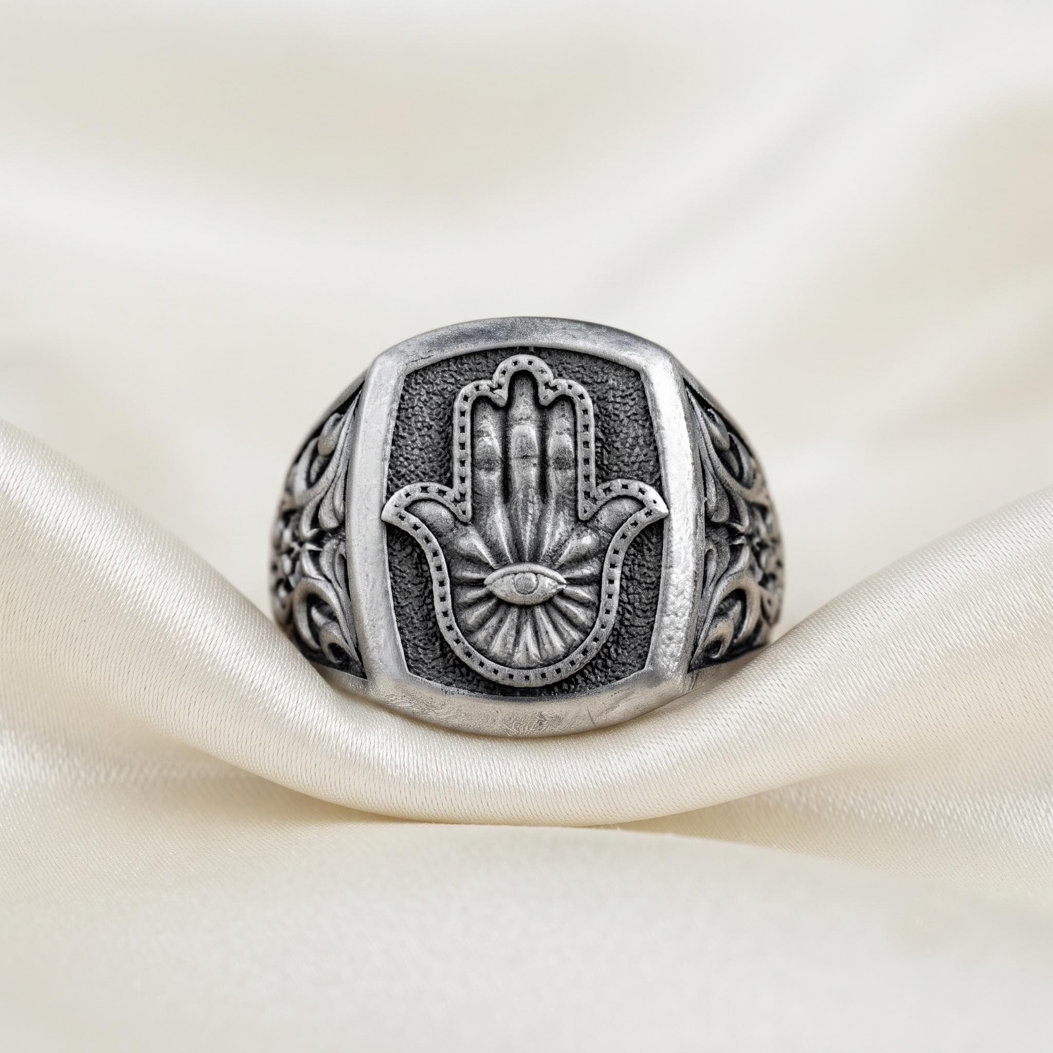 Sterling Silver Hamsa Hand Evil Eye Signet Ring, Oxidized Filigree Band