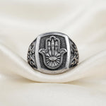 Sterling Silver Hamsa Hand Evil Eye Signet Ring, Oxidized Filigree Band