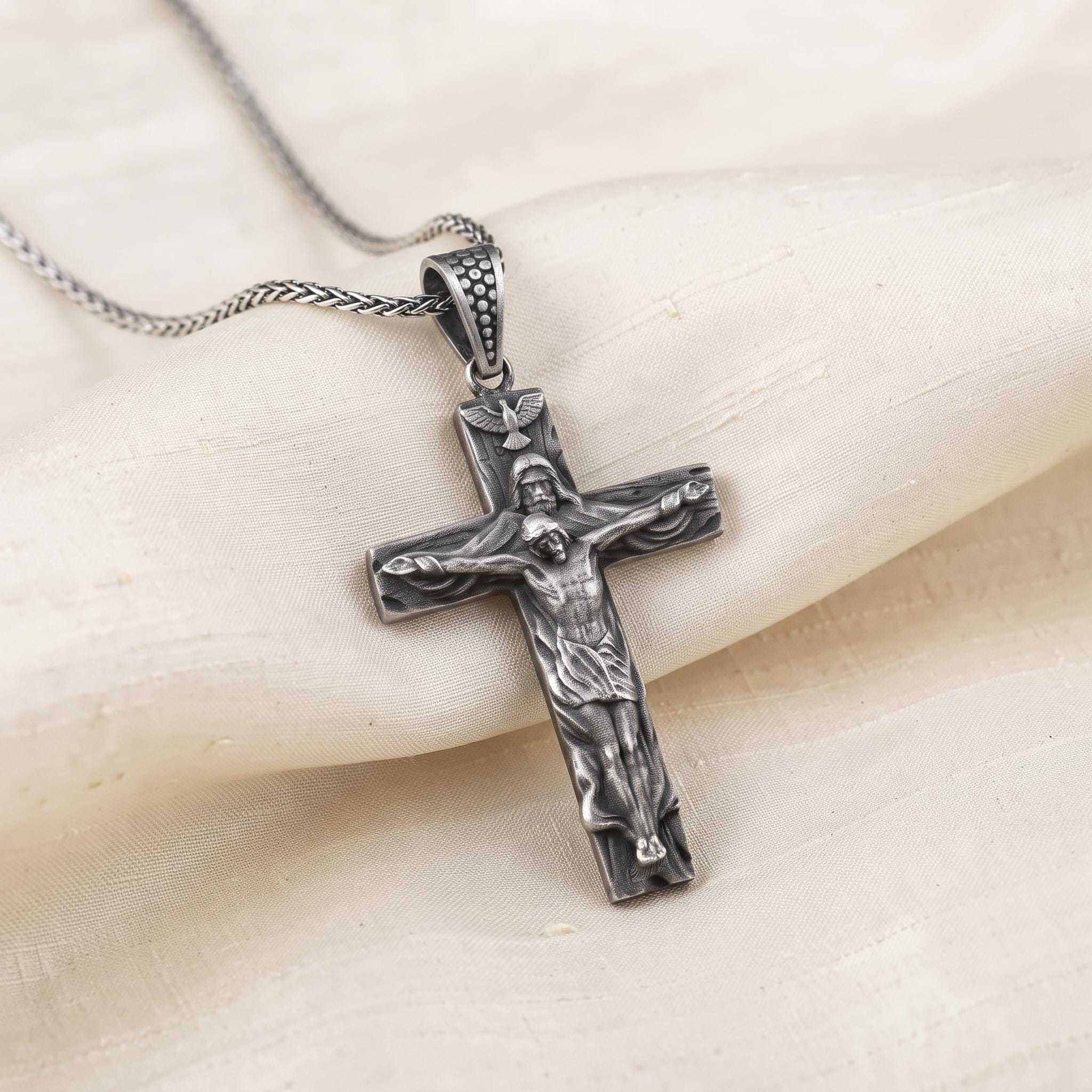 Sterling Silver Oxidized Crucifix Pendant, Jesus Christ Cross Necklace, Religious Gift