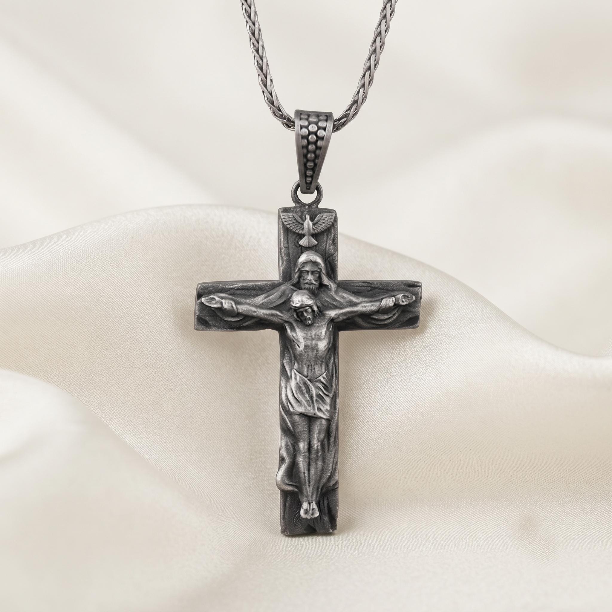 Sterling Silver Oxidized Crucifix Pendant, Jesus Christ Cross Necklace, Religious Gift