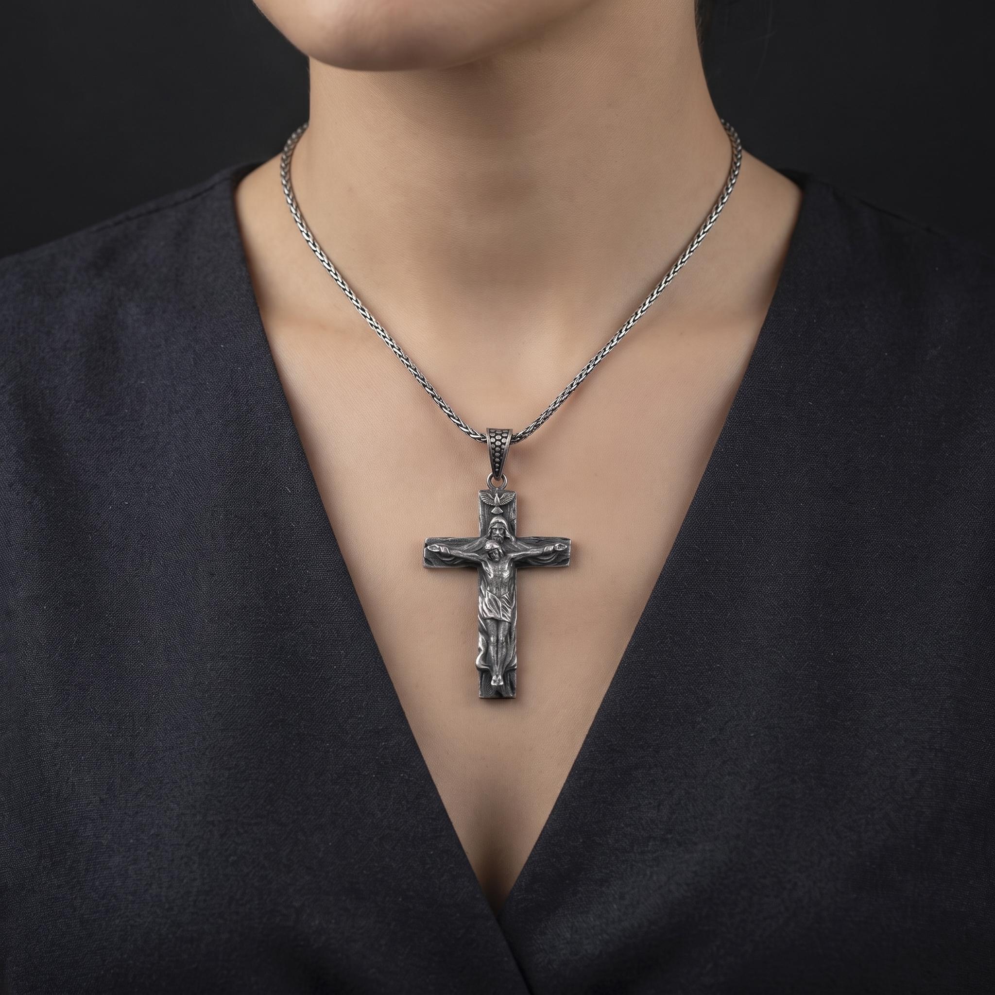 Sterling Silver Oxidized Crucifix Pendant, Jesus Christ Cross Necklace, Religious Gift