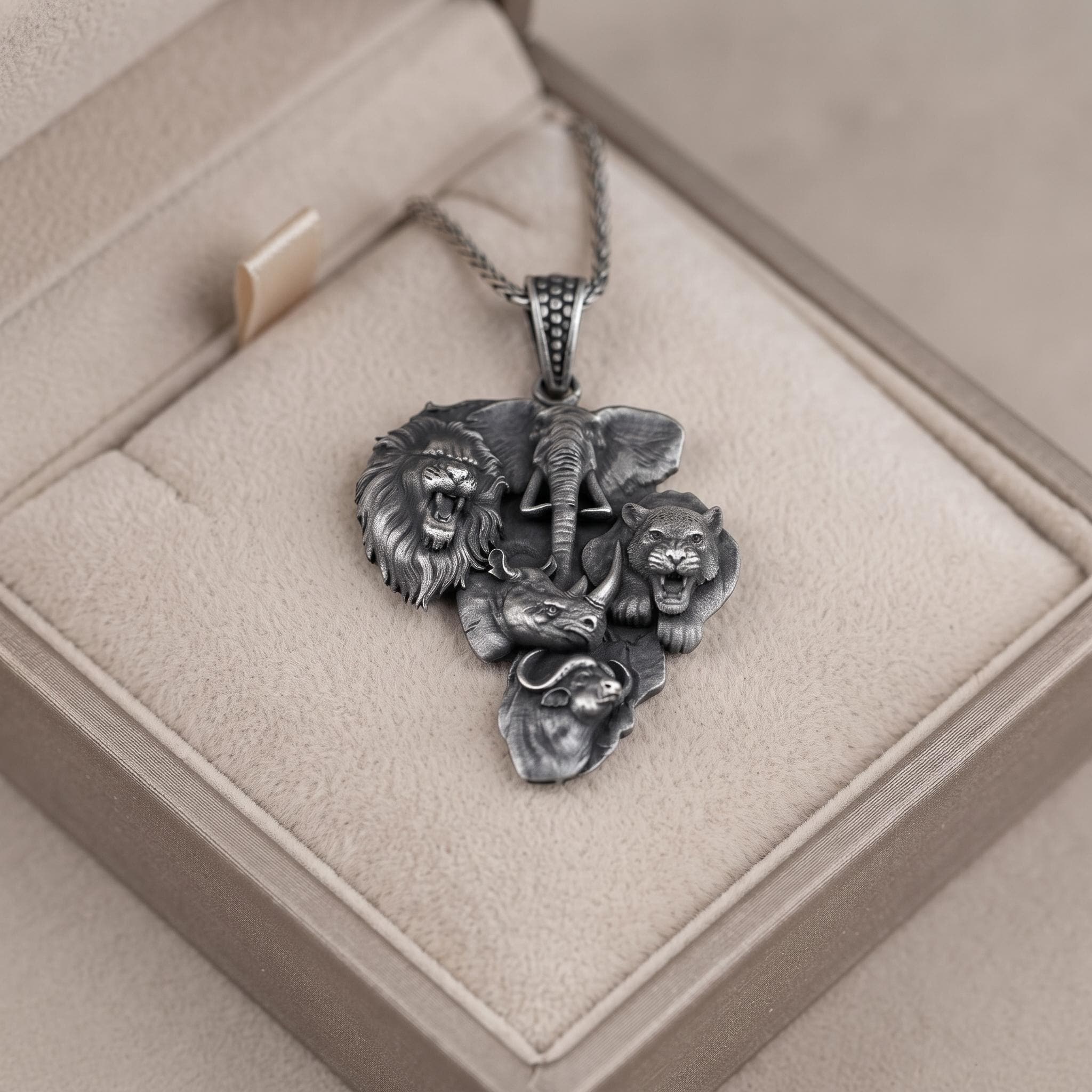 Sterling Silver African Map Big Five Pendant, Oxidized Safari Jewelry