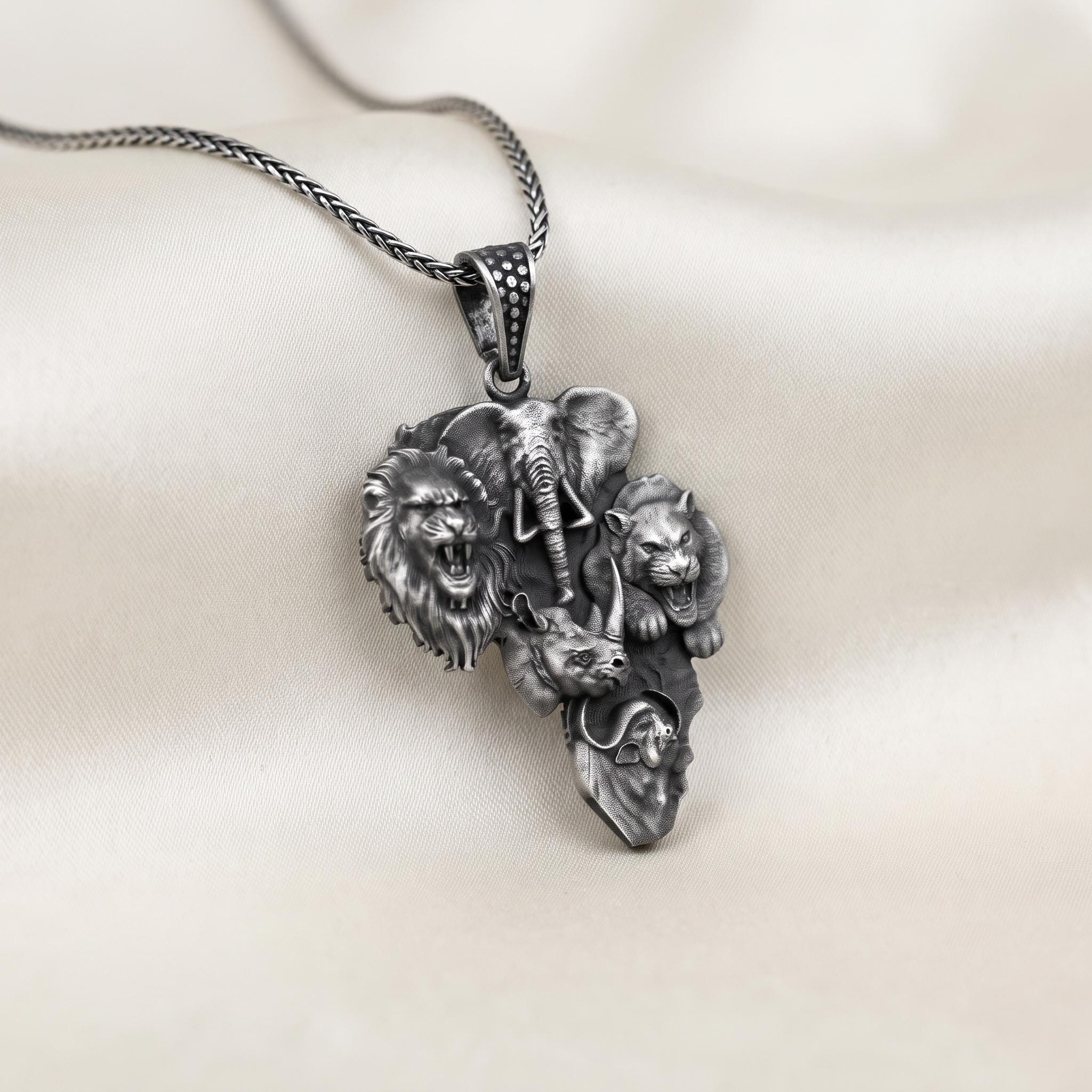 Sterling Silver African Map Big Five Pendant, Oxidized Safari Jewelry