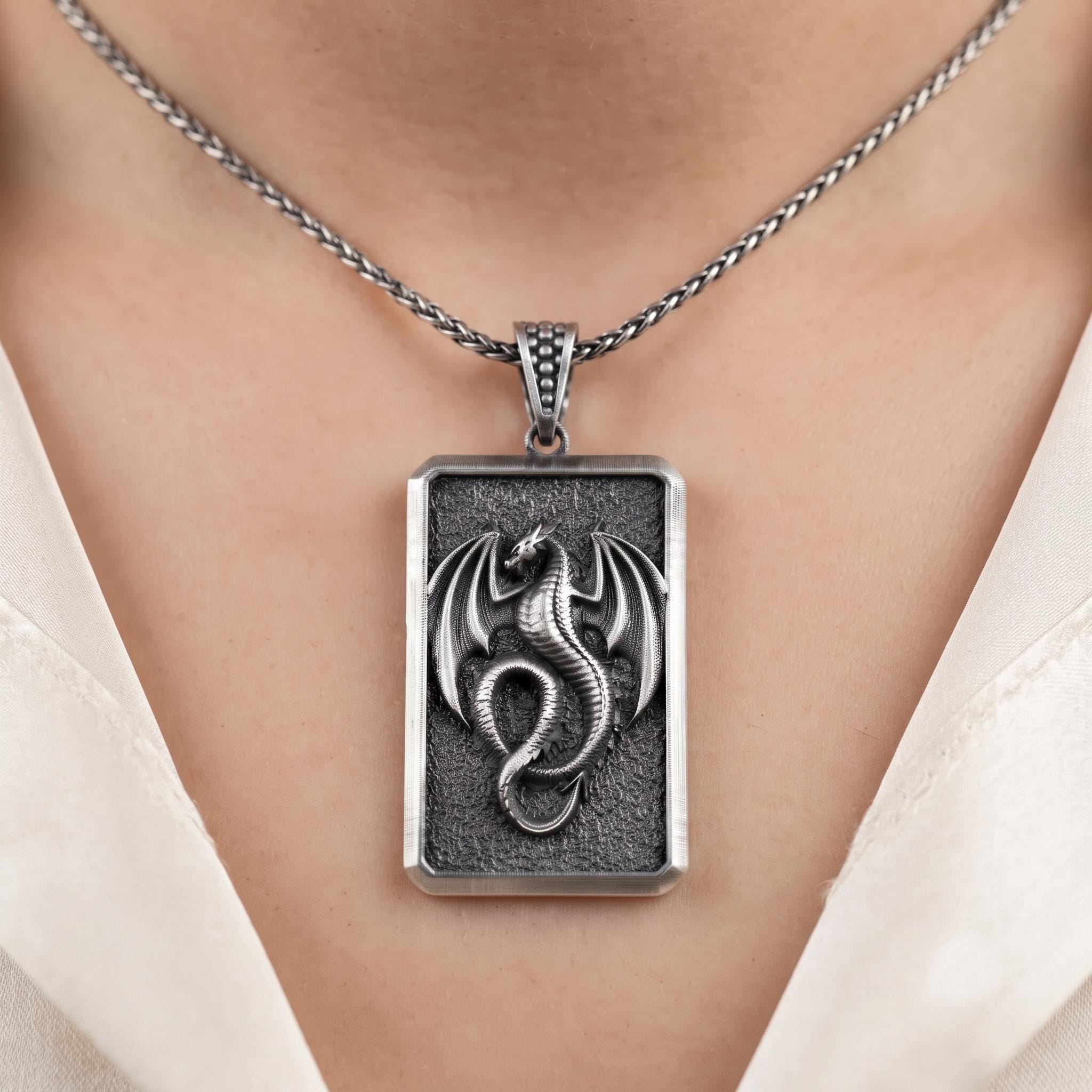 Sterling Silver Dragon Pendant, Gothic Fantasy Necklace, Oxidized Dog Tag Amulet