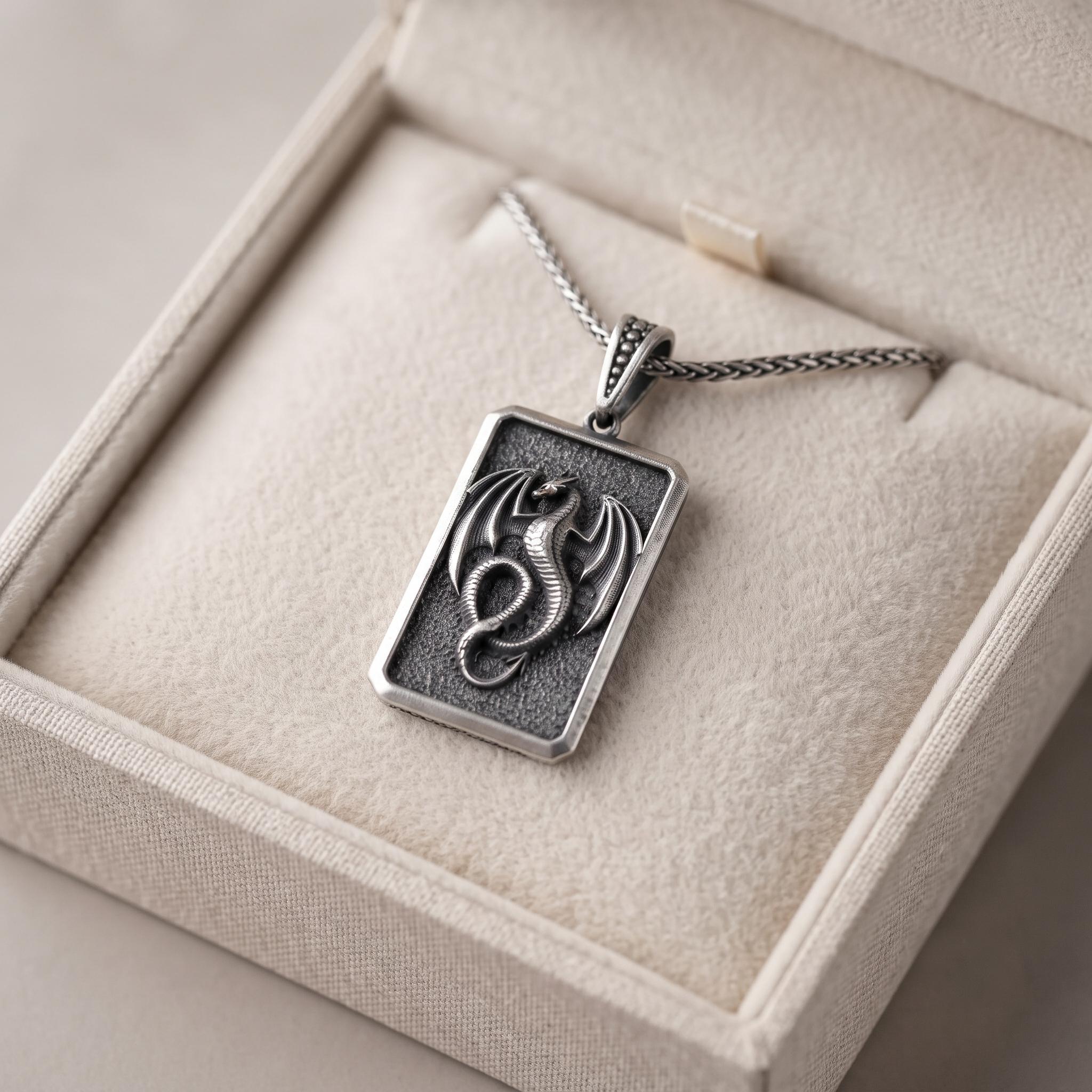 Sterling Silver Dragon Pendant, Gothic Fantasy Necklace, Oxidized Dog Tag Amulet