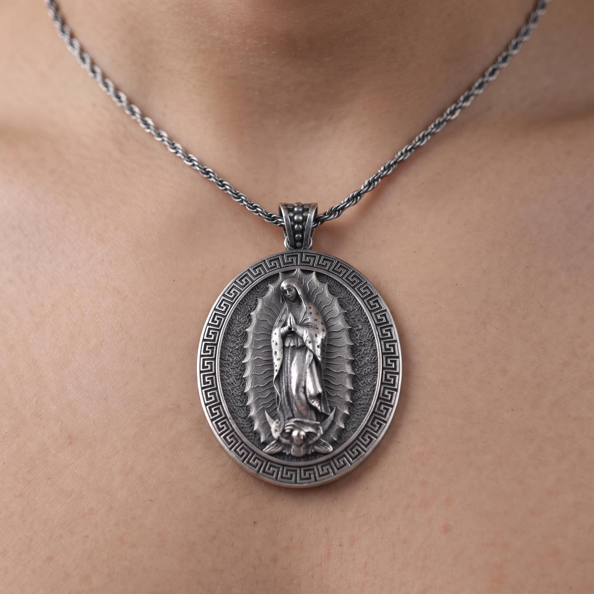 Sterling Silver Our Lady of Guadalupe Pendant, Oxidized Religious Jewelry