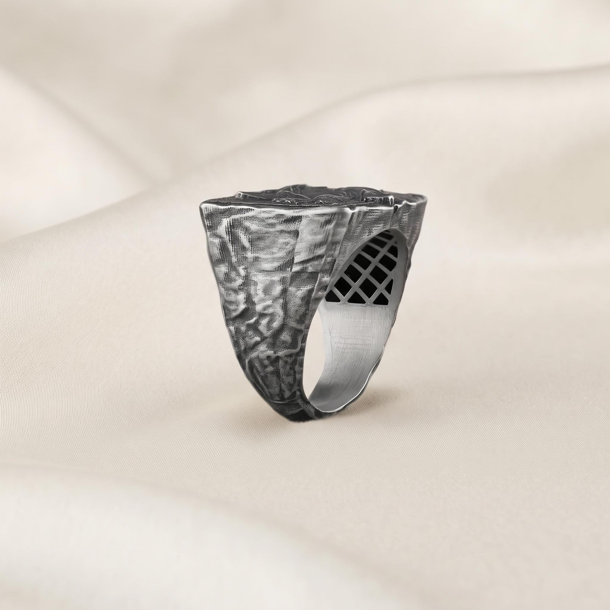 Handmade Sterling Silver Odin Ring with Ravens, Viking Mythology Signet Ring (Oxidized Finish)