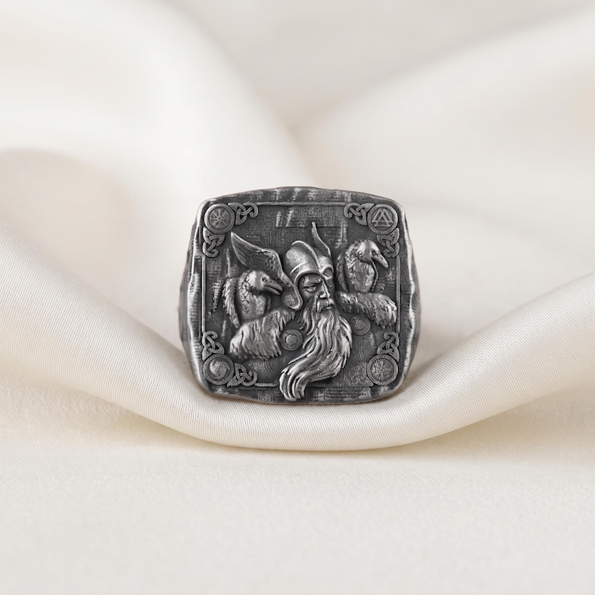 Handmade Sterling Silver Odin Ring with Ravens, Viking Mythology Signet Ring (Oxidized Finish)