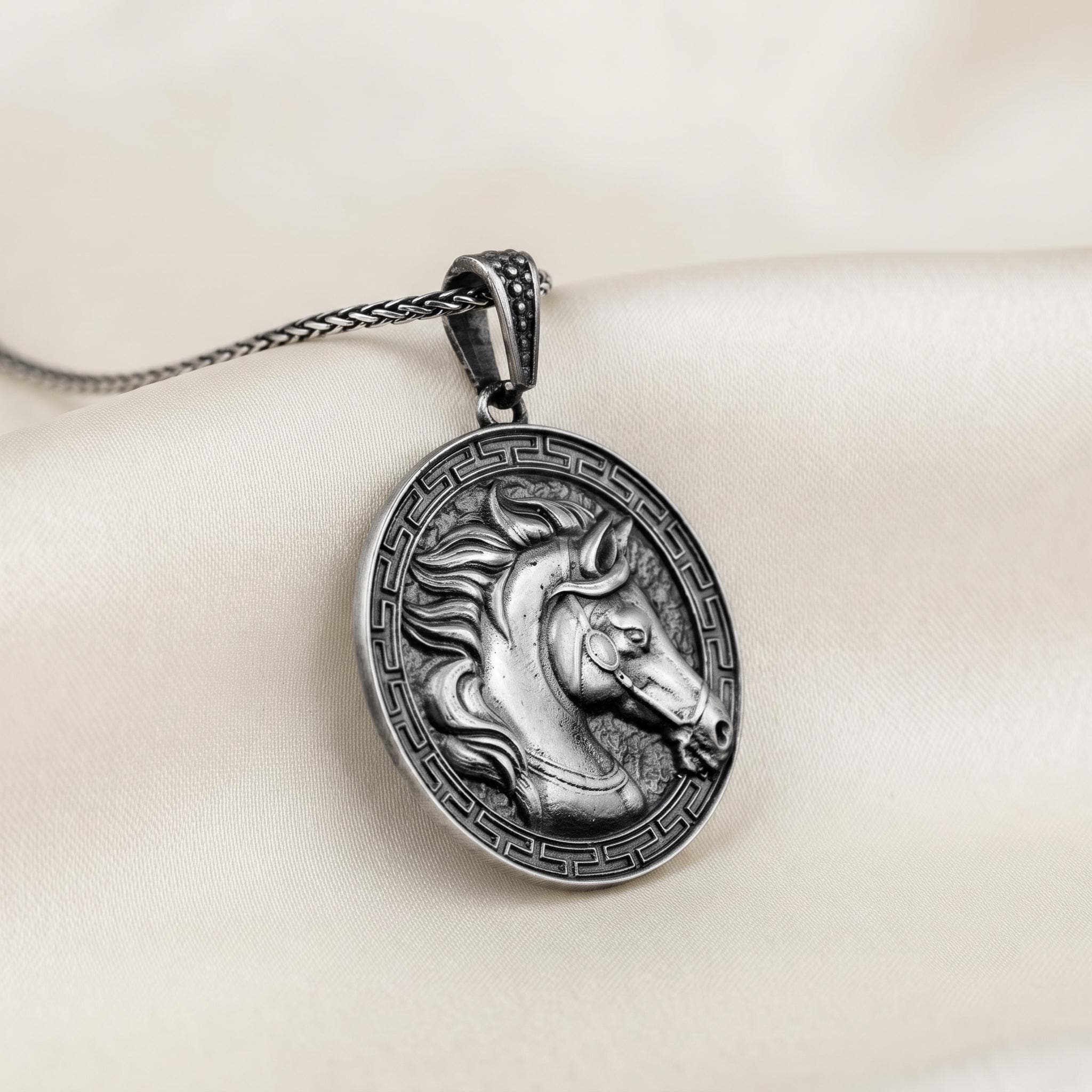 Handmade Oxidized Sterling Silver Horse Pendant, Greek Key Medallion Necklace