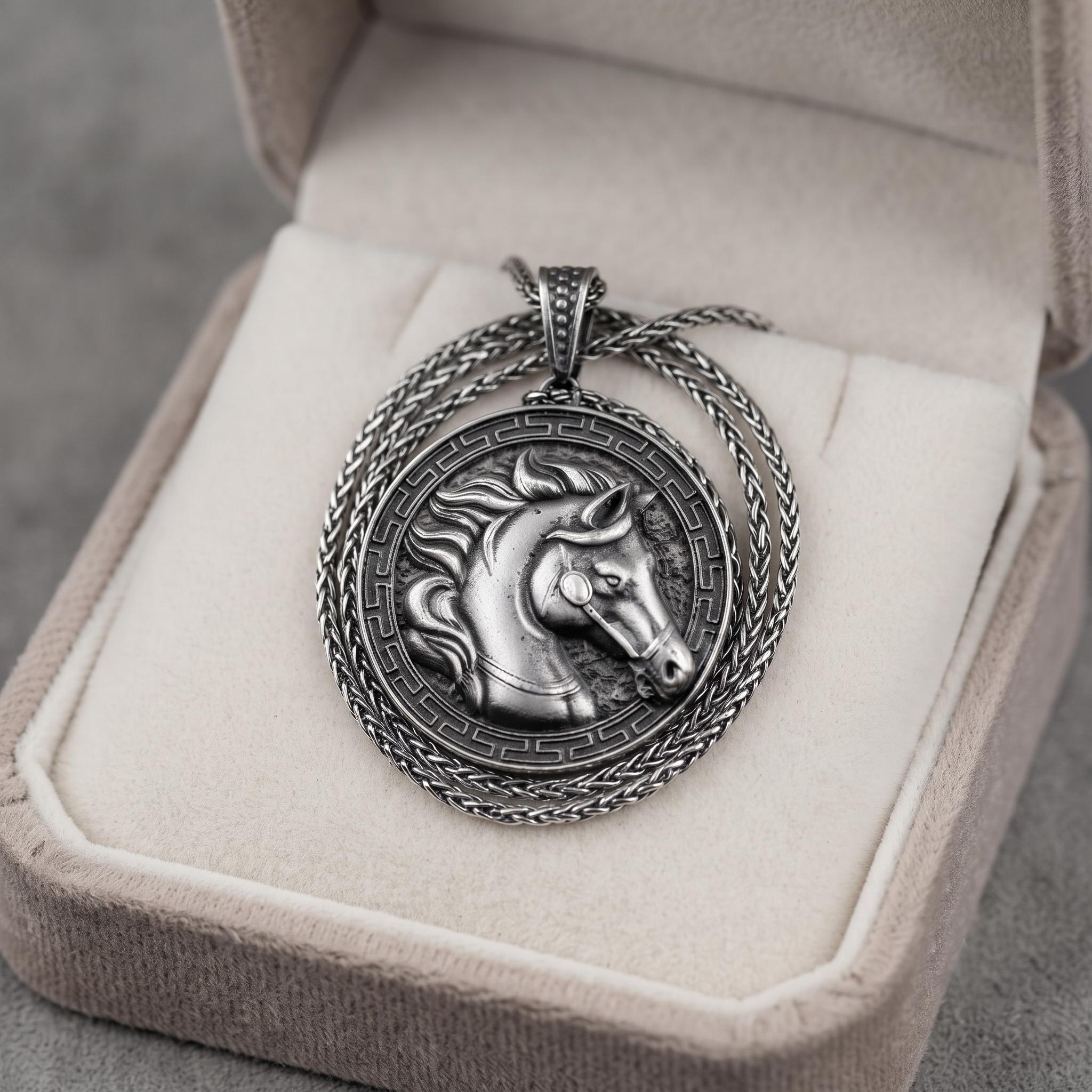 Handmade Oxidized Sterling Silver Horse Pendant, Greek Key Medallion Necklace