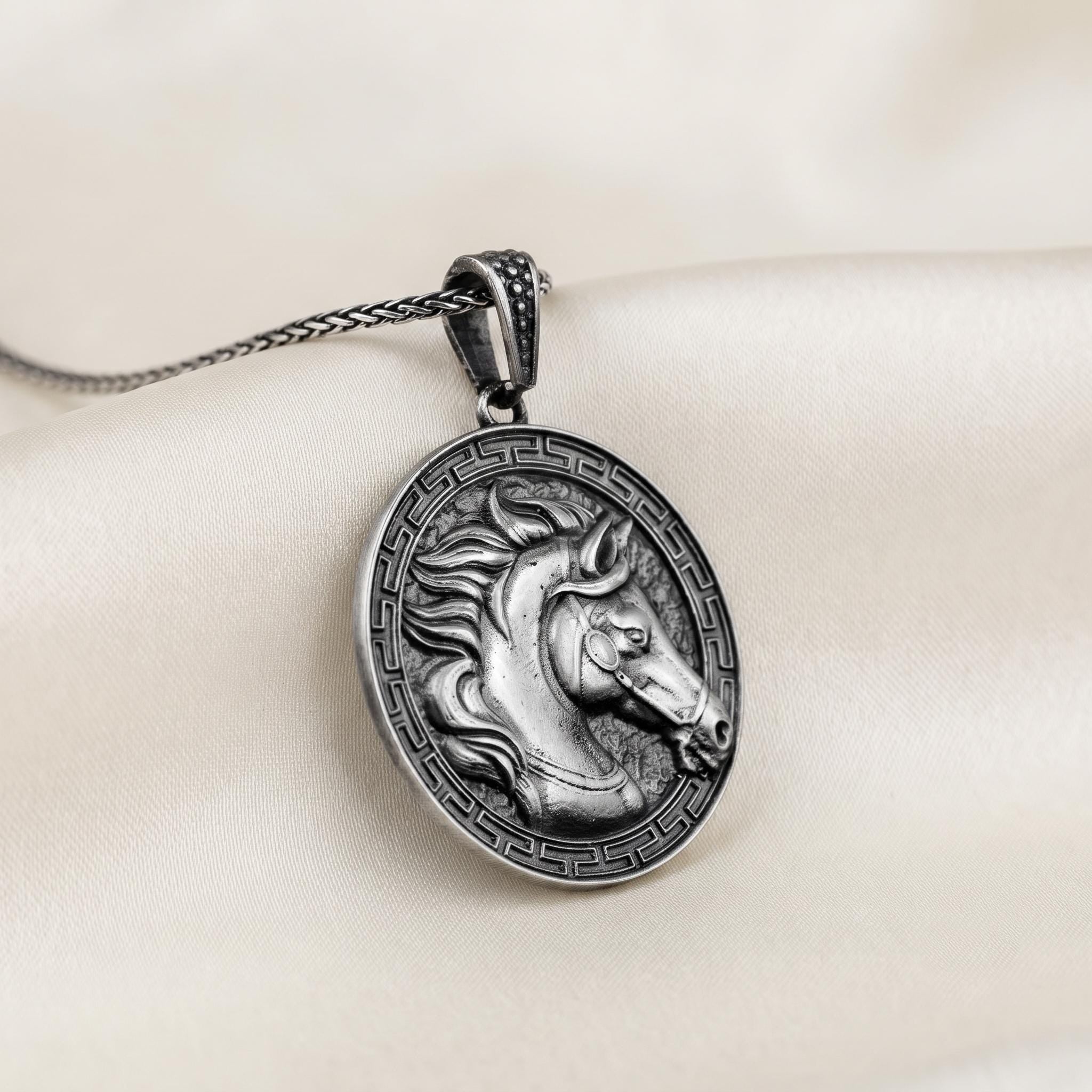 Handmade Oxidized Sterling Silver Horse Pendant, Greek Key Medallion Necklace
