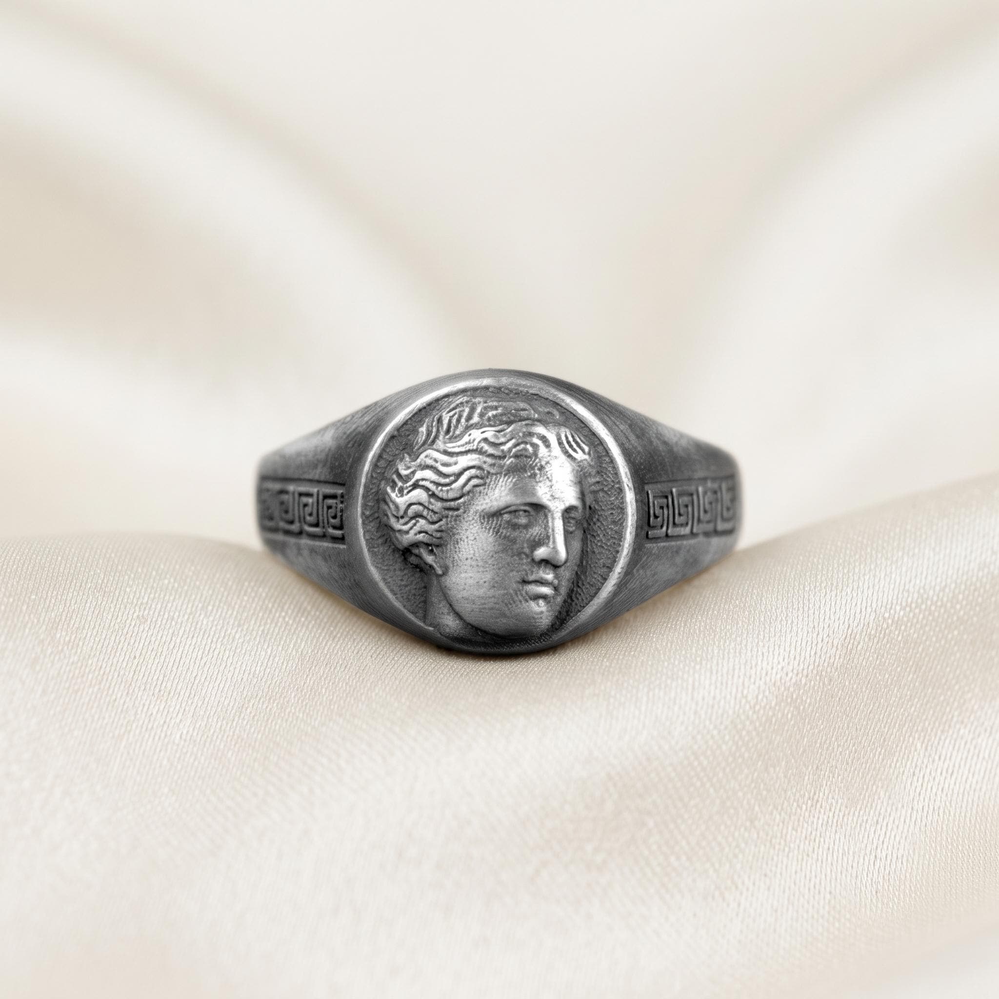 Sterling Silver Greek Goddess Signet Ring, Ancient History Jewelry, Oxidized Finish
