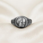Sterling Silver Greek Goddess Signet Ring, Ancient History Jewelry, Oxidized Finish