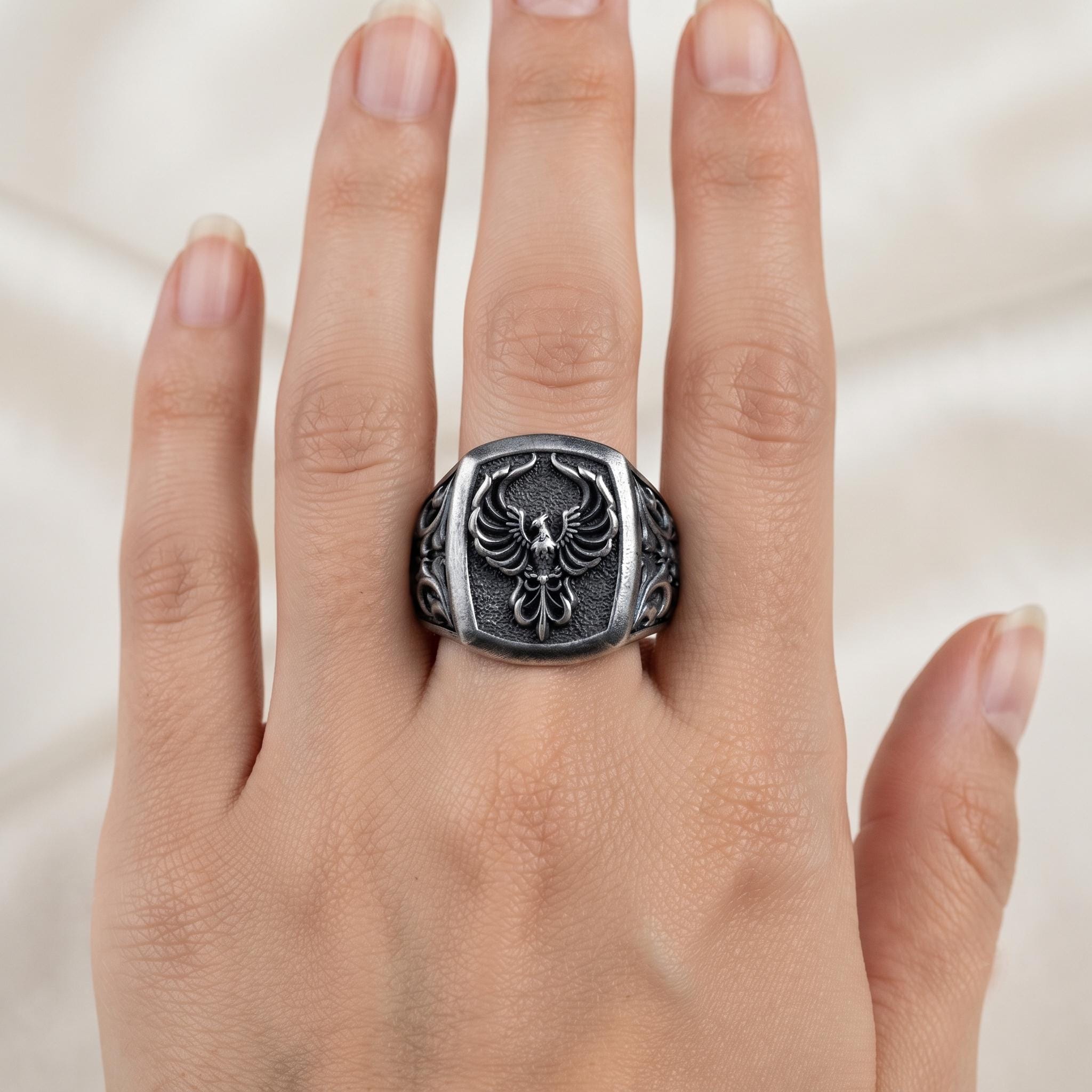 Sterling Silver Phoenix Signet Ring, Gothic Revival Statement Jewelry, Oxidized Texture