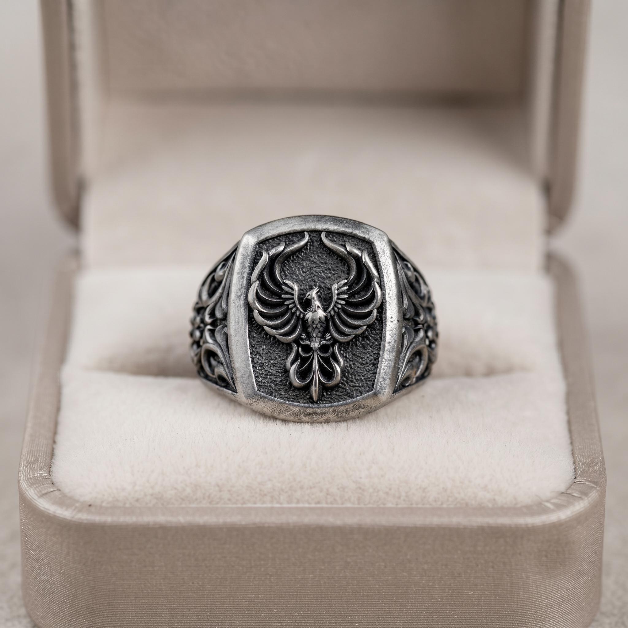 Sterling Silver Phoenix Signet Ring, Gothic Revival Statement Jewelry, Oxidized Texture