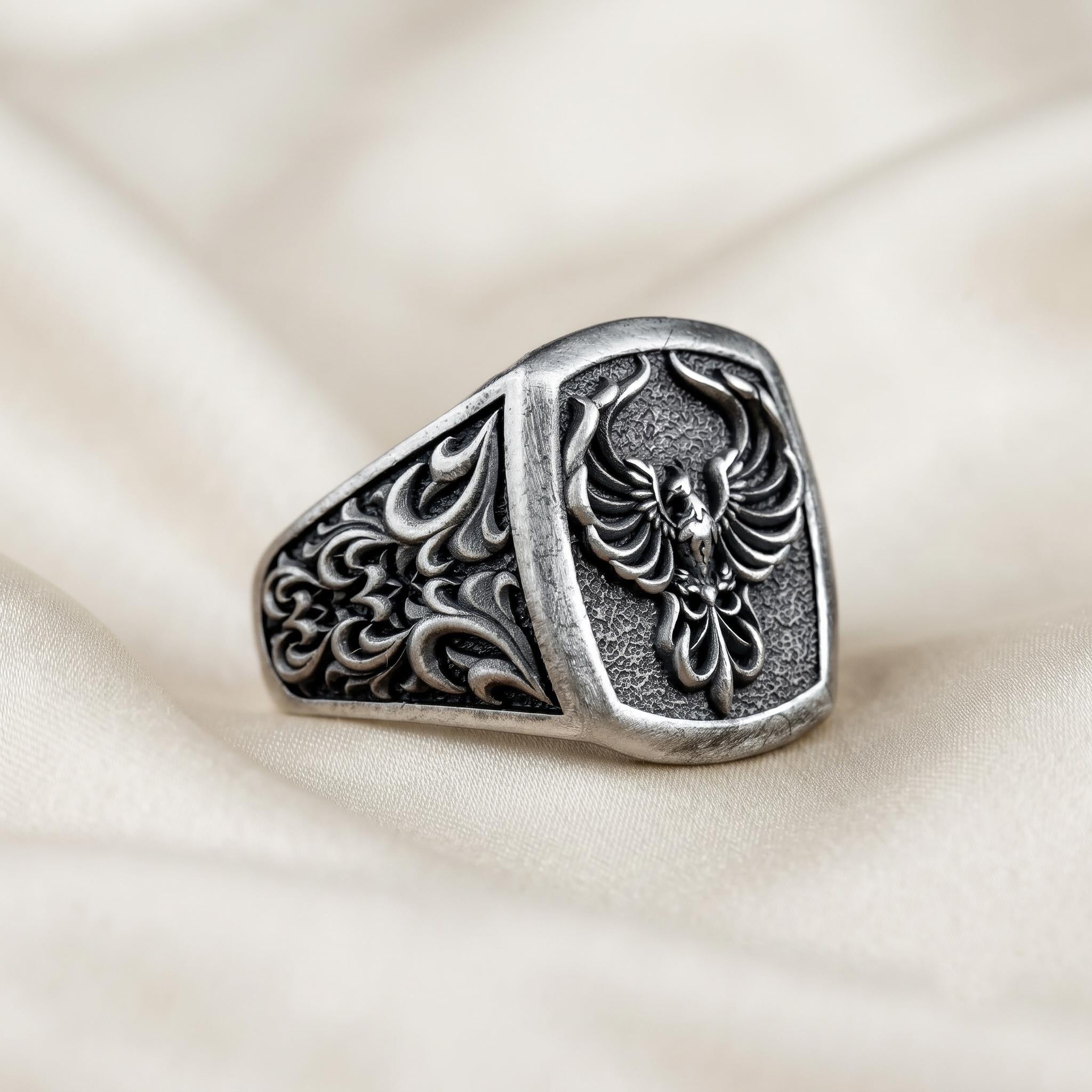 Sterling Silver Phoenix Signet Ring, Gothic Revival Statement Jewelry, Oxidized Texture