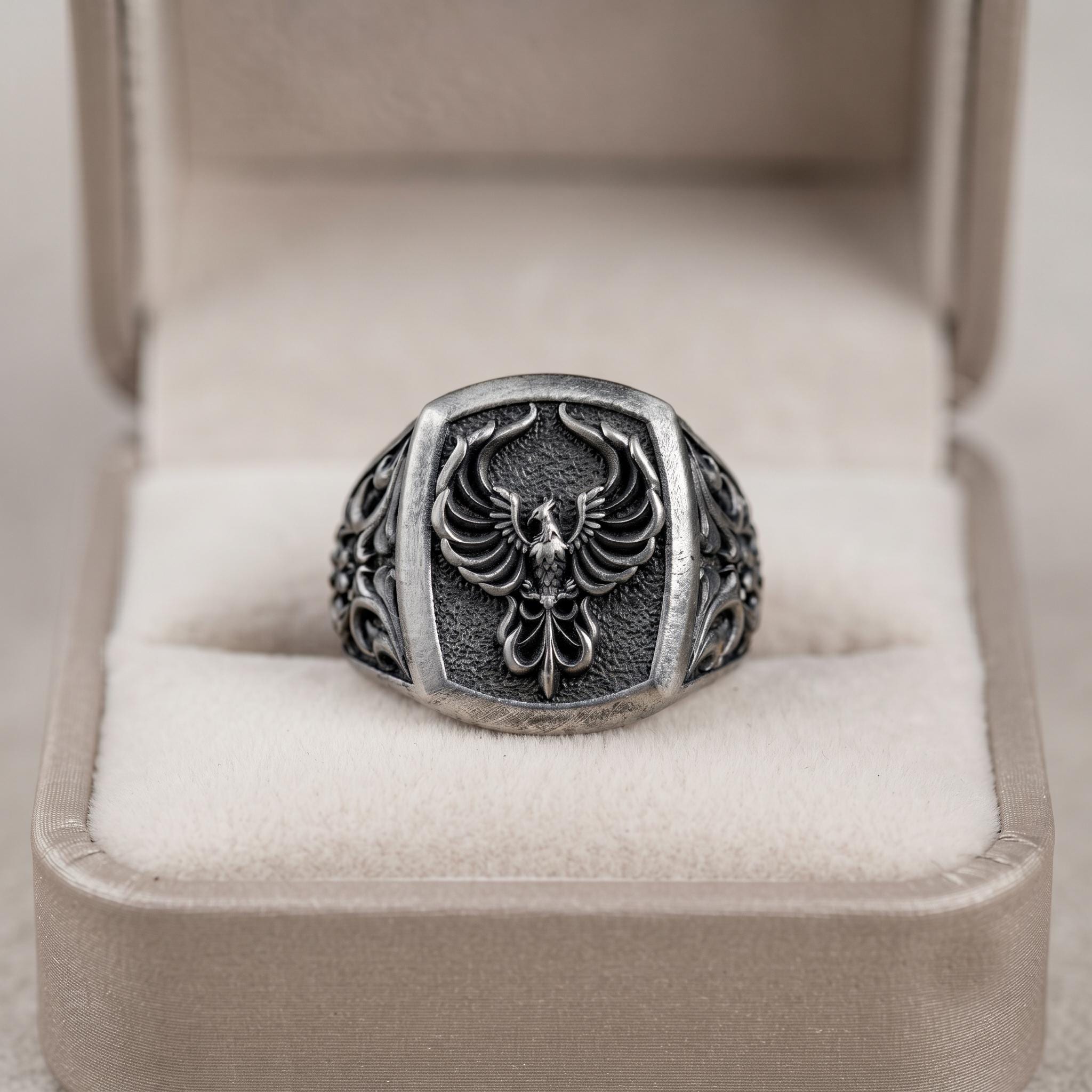 Sterling Silver Phoenix Signet Ring, Gothic Revival Statement Jewelry, Oxidized Texture