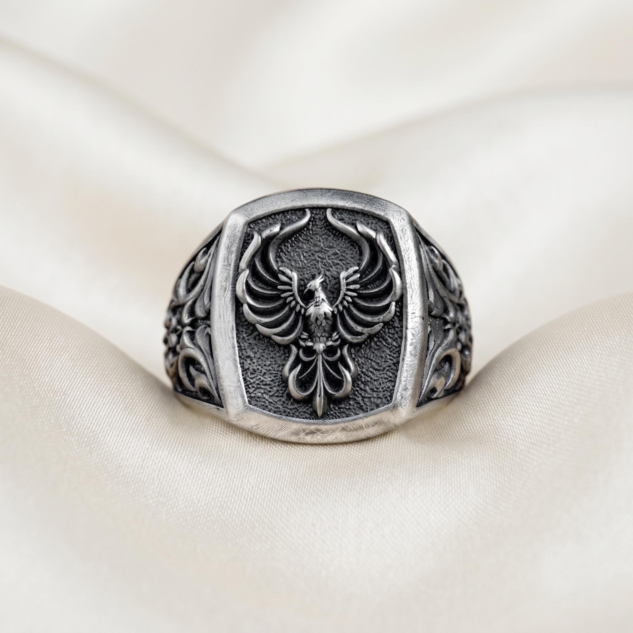 Sterling Silver Phoenix Signet Ring, Gothic Revival Statement Jewelry, Oxidized Texture