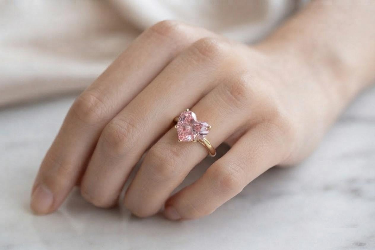Heart Cut Pink Gemstone Sapphire Solitaire Ring, Romantic Gold Ring, Dainty Heart Bridal Jewelry.